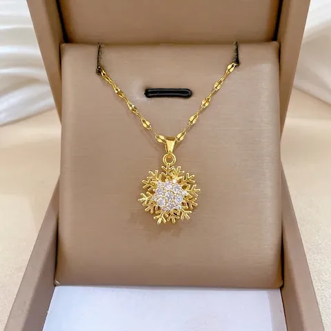 Collier Pendentif Flocon De Neige Tournant Chaîne Acier Inoxydable Cuivre Zircon Micro Pavé Or Pour Femme
