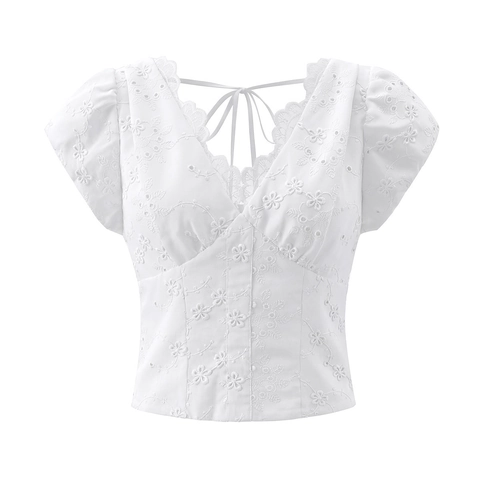 Damen Elegante V Ausschnitt Spitze Stickerei Bluse Hohl Aus Puffärmeln Rückenreißverschluss Mode Weißes Kurzarm Oberteil