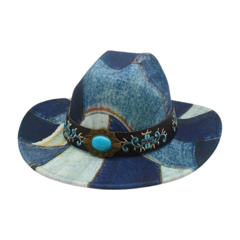 Cappello Fedora Cowboy Western In Denim Patchwork Con Fascia Ricamata E Pietra Turchese Stile Retro Protezione Solare