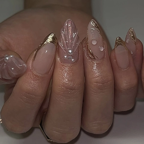 Nude Rosa Kunstnägel Zum Aufkleben 3D Wassertropfen Muscheltextur Künstliche Perle Cat Eye Französischer Stil Mandelform Für Damen