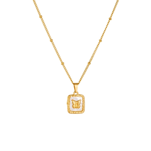 Schmetterling Rose Anhänger Halskette Titanstahl Perlmutt Muschel Satellitenkette Vergoldet Vintage Schmuck Für Damen