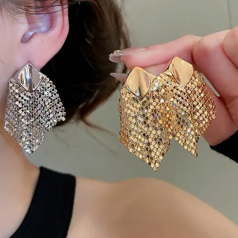 Pendientes De Gota Con Borla De Malla Metálica De Rombo Cobre Con Poste De Plata Joyería Geométrica De Moda