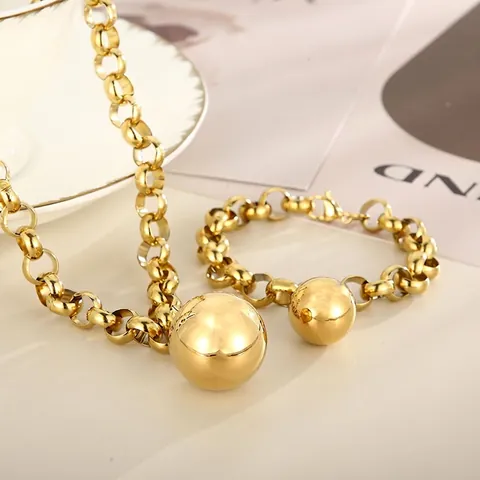 Collana E Bracciale In Acciaio Inossidabile Catena Rolo Spessa Grande Ciondolo A Sfera Lucida Minimalista Moderno Donna