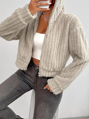 Chaqueta Con Capucha Y Cremallera Para Mujer Felpa Forro Polar Textura Rayada Corte Corto Manga Larga Ropa De Exterior