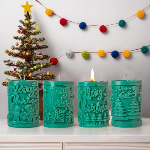 Christmas Candle Silicone Mold 3D Relief Cylindrical Snowflake Snowman Pine Tree DIY Handcraft Holiday Decor