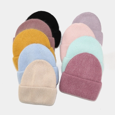 Women Beanie Hat Angora Rabbit Hair Mohair Ribbed Knit Thickened Warm Solid Color Winter Cuffed Skull Cap