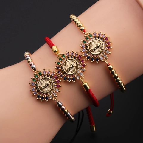 Bracciale Religioso Con Ciondolo Della Vergine Maria Per Donna Corda Rossa Regolabile Rame Zirconia Colorata Gioielli Retro