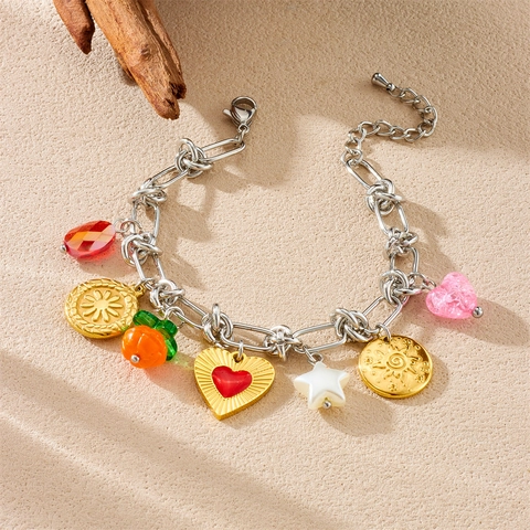 Stainless Steel Multi Pendant Bracelet Colorful Heart Star Flower Sun Coin Pendants Bohemian Y2K Style Jewelry Women