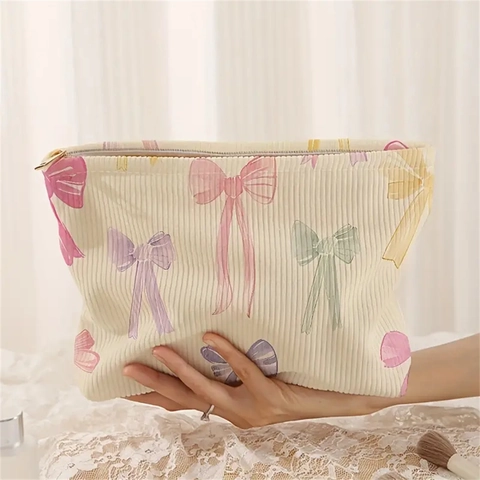 Bow Print Corduroy Makeup Bag For Women Cute Lightweight Cosmetic Storage Case With Zipper Travel Portable Organizer