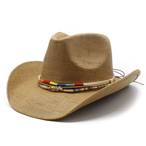 Sombrero De Vaquero De Paja Ala Ancha Protección Solar Transpirable Paja De Papel Bohemio Étnico Banda Colorida Concha Playa