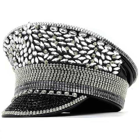 Sombrero De Capitán Militar De Lujo Con Pedrería De Cristal Y Cadena Plateada Actuación Fiesta