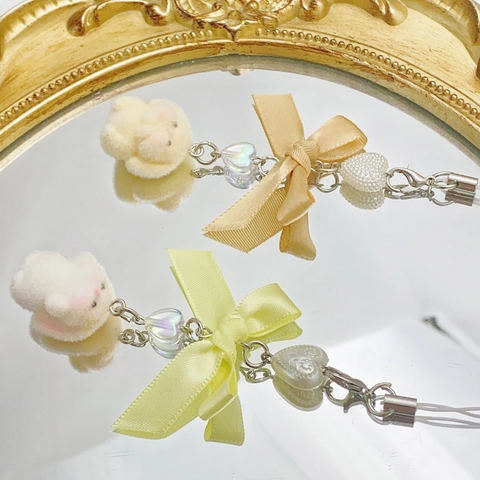 Ciondolo Coniglio Peluche Portachiavi Cinturino Telefono Con Fiocco E Perline Cuore Lega Imitazione Perla Artificial Ciondolo Borsa