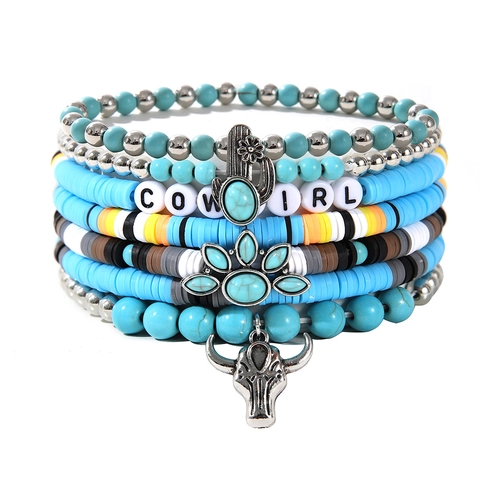 Bohemian Multi-layer Bracelet Turquoise Alloy Bull Head Cactus Charms Soft Clay Western Cowboy Style Women Ethnic Jewelry