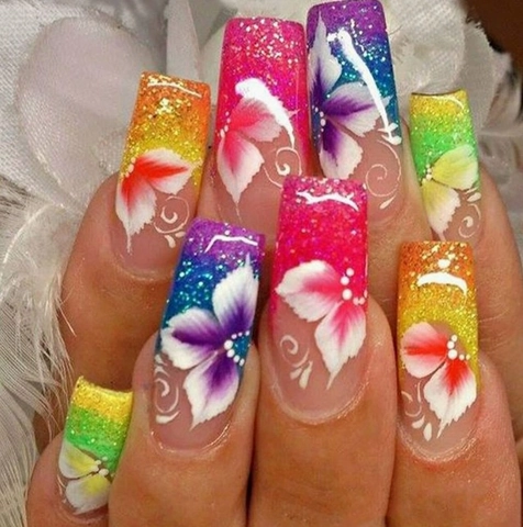 Press On Nails Long Coffin Gradient Colorful White Floral Pattern Glitter Finish Artificial Nail Tips For Women