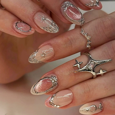 Cat Eye Press On Nägel 3D Geprägt Barock Stil Stern Mond Künstliche Perle Pink Mandelform Künstliche Nägel Für Damen