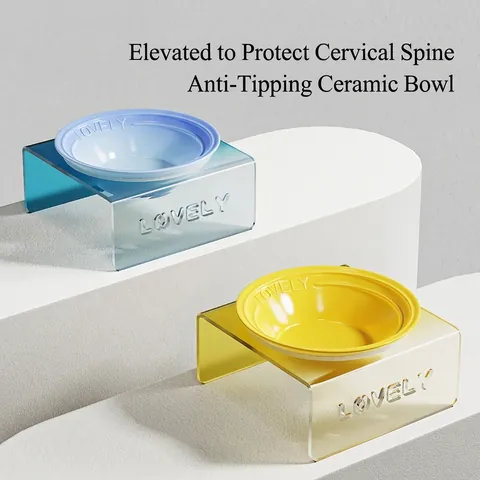 Elevated Cat Bowl Ceramic Food Water Feeder With Acrylic Raised Stand Neck Protection Candy Color Small Dogs Cats
