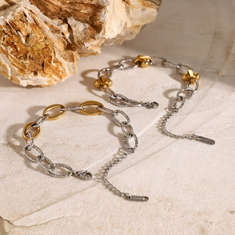 Vintage Edelstahl Gold Silber Gemischte Gliederarmband Damen Gehämmerte Strukturkette Verstellbar Minimalistischer Schmuck