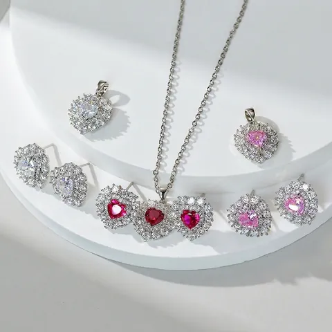 Fashion Copper Heart Zirconia Jewelry Set For Women Red Pink White Heart Pendant Necklace And Earrings Set Elegant Commute Jewelry