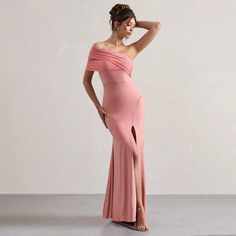 Off Shoulder Mesh Splicing Ruched Evening Dress High Slit Slim Fit Elegant Sexy Celebrity Long Party Gown For Women