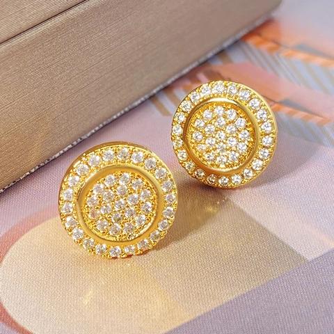 Pendientes de Botón Redondos de Circonia Micro Pavé Hip Hop para Mujer Joyería de Moda Elegante de Cobre Chapado en Oro Plata