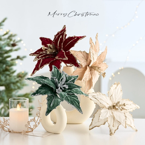 Artificial Poinsettia Flowers Christmas Tree Decorations Flannel Glitter Large Holiday Floral Home Party Ornaments