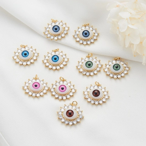 14K Gold Plated Copper Evil Eye Pendant Radiant Sunflower Enamel Rhinestone Pave Charms For DIY Necklace Earrings Jewelry Accessories Women