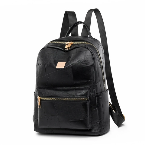 Women Patchwork PU Leather Backpack Large Capacity Fashion Simple Commuting Vintage Travel School Bag Gold Hardware