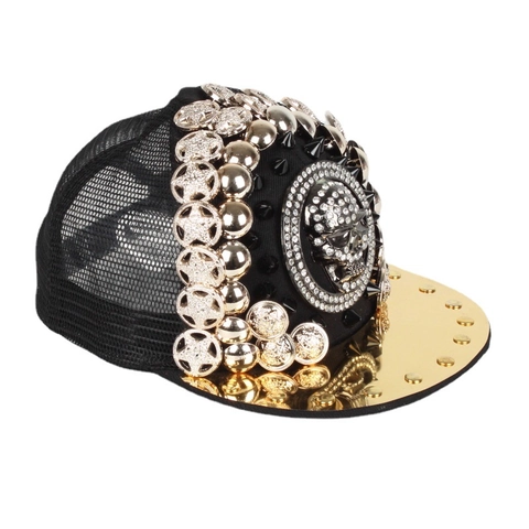 Gorra De Béisbol Punk Calavera De Diamantes De Imitación Visera Espejo Dorado Remaches Metálicos Malla Ajustable