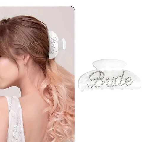 Hair Claw Clip Acetate Rhinestone Bride Lettering Wedding Bridal Elegant Large Artificial Pearl Texture Accessories For Women
