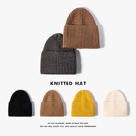 Gorro De Punto Cachemira Oveja Canalé Dobladillo Invierno Cálido Color Sólido Suave Exterior Para Hombre Mujer
