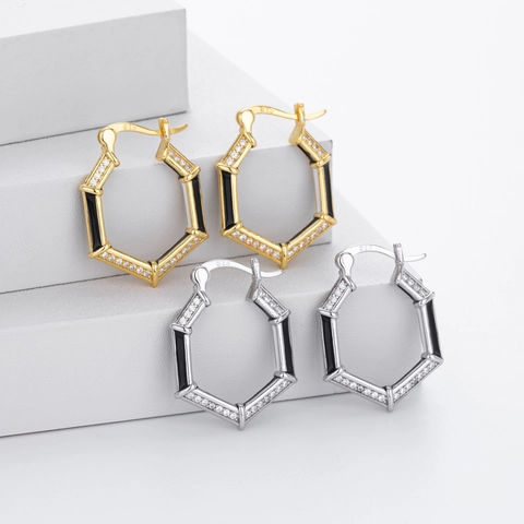 925 Sterling Silver Hexagon Hoop Earrings Geometric Zircon Inlay Black Enamel Minimalist Luxury Jewelry For Women