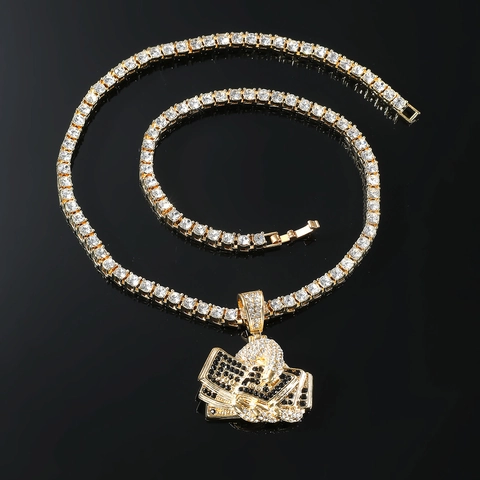 Alloy Rhinestone Dollar Bill Stack Pendant Necklace With Tennis Chain Hip Hop Iced Out Jewelry For Men Women
