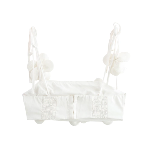 Top Corto De Satén Blanco Para Mujer Con Flores 3D De Pedrería Espalda Fruncida Sexy Dulce Cami