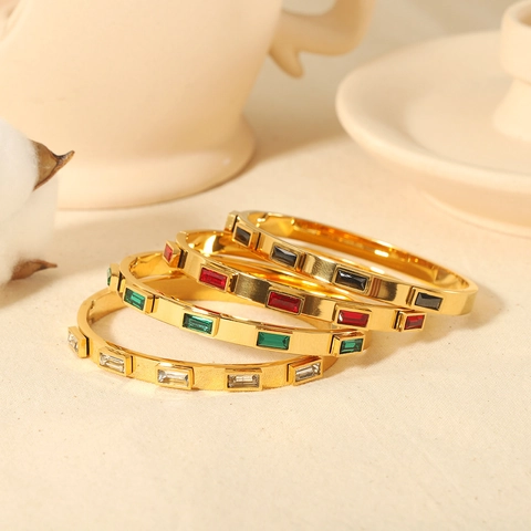Bracelet Jonc En Acier Inoxydable Plaqué Or Zircon Rectangulaire Pierre Précieuse Bijoux Géométriques De Luxe Pour Femmes Cadeau