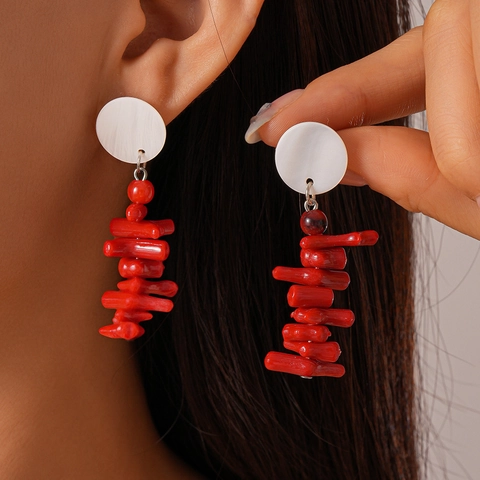 Pendientes De Rama De Resina Estilo Coral Rojo Con Poste De Plata Esterlina 925 Concha Redonda Estilo Vacaciones Mujer