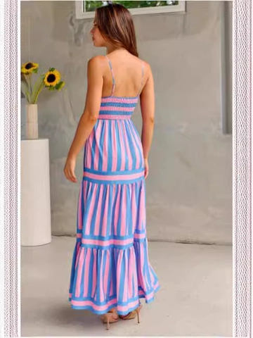 Damen Gestreiftes Bedrucktes Gestuftes Maxikleid Ärmelloses Rückenfreies Cami Kleid Mit Taschen Polyester Spandex Mix