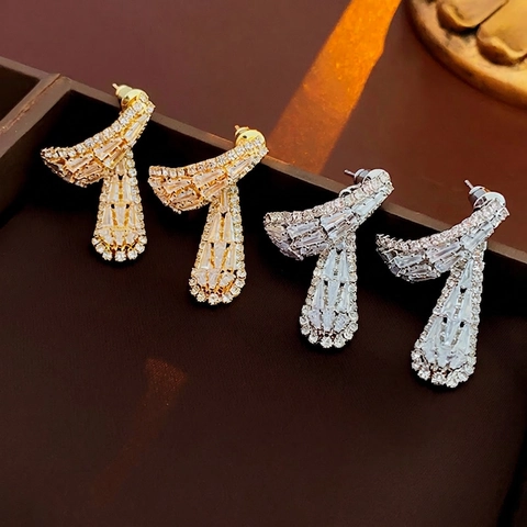 Pendientes Colgantes De Circonita Con Pasador De Plata Cobre Incrustaciones Lujo Elegante Geométrico Joyería Para Mujeres