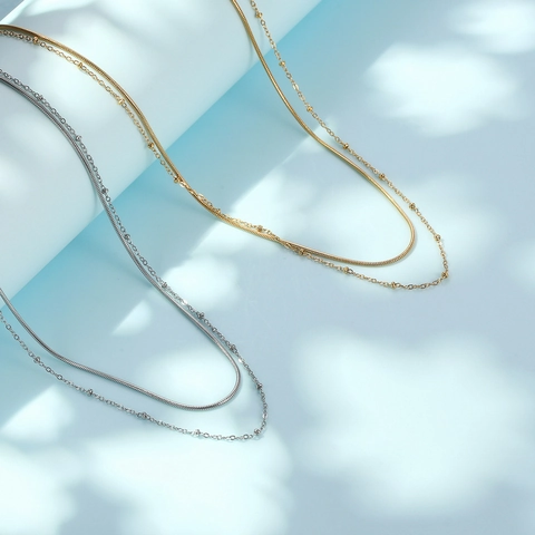 Minimalist Stainless Steel Double Layered Necklace For Women Gold Silver Snake Chain Bead Chain Clavicle Chain Fashion Jewelry Gift
