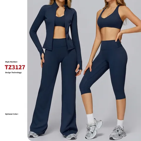 Damen Yoga Workout Kleidung Gebürstetes Nylon Spandex Feuchtigkeitstransportierend Fitness Sport BH Jacke Und Ausgestellte Hose Einfarbig