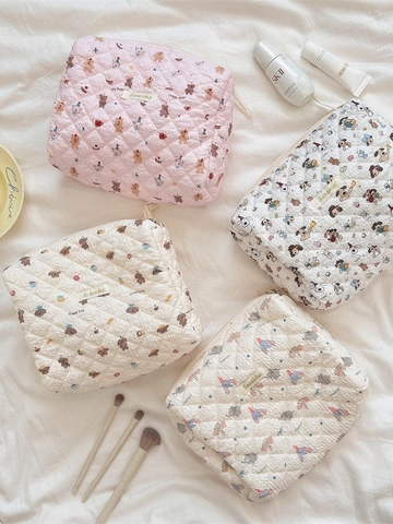 Trousse De Maquillage En Coton Matelassé Grande Capacité Organisateur Cosmétique Portable Voyage Dessin Animé