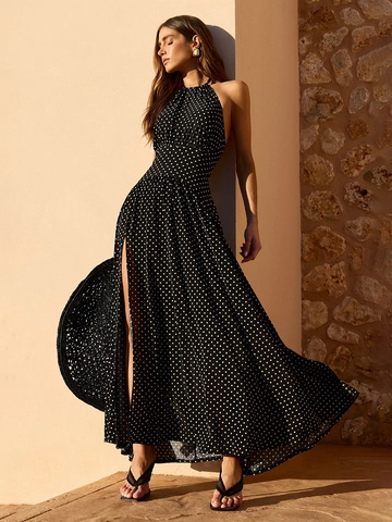 Women Polka Dot Halter Maxi Dress Backless High Slit Sleeveless Polyester Vacation Elegant