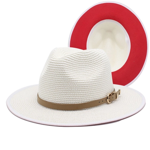 Straw Fedora Hat Wide Brim Summer Beach Panama Sun Cap With Leather Band Metal Buckle For Women Men Breathable