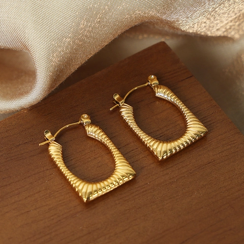 Vintage Geometric Rectangular Hoop Earrings Titanium Steel 18K Gold Plated Sunburst Ribbed Texture Jewelry For Women