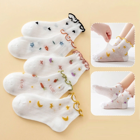 Kinder Socken Dünn Mesh Baumwolle Atmungsaktiv Sommer Spitze Cartoon Blumen Obst Mädchen Kleinkinder Baby