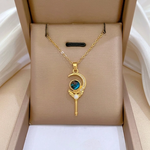 Collana Pendente Bacchetta Magica Luna Crescente Catena Acciaio Inossidabile Rame Gemma Blu Zirconia Cubica Gioielli