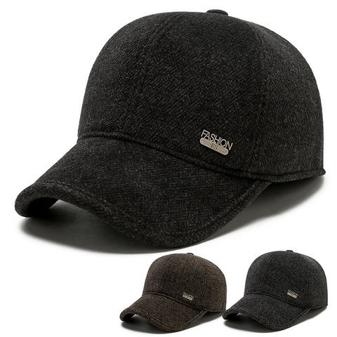 Gorra De Béisbol De Invierno Para Hombre Tela De Lana Gruesa Protección Para Orejas Cálida Casual Color Sólido Decoración Metal