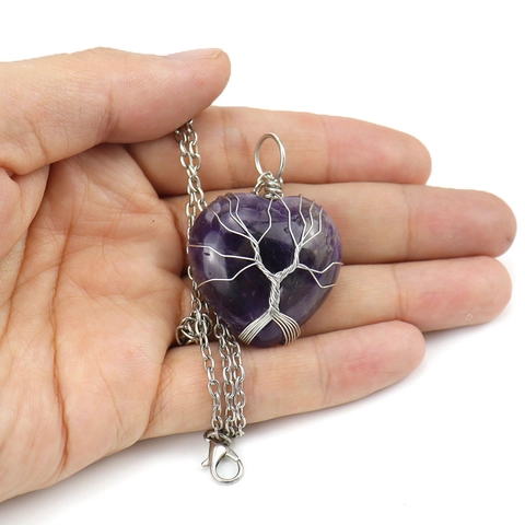 Heart Shape Tree Of Life Pendant Necklace Handmade Wire Wrapped Natural Stone Amethyst Crystal Healing Jewelry For Women