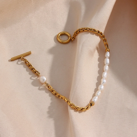 Artificial Pearl Armband Edelstahl Twisted Rope Kette Spliced Vintage Fashion OT Toggle Verschluss Schmuck Für Frauen