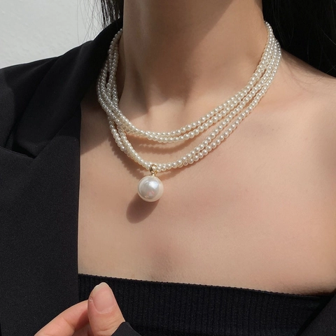 Französische Retro Mehrlagige Künstliche Perlenhalskette Mit Großem Künstliche Perlenanhänger Legierung Goldton Choker Elegante Vintage Schmuck