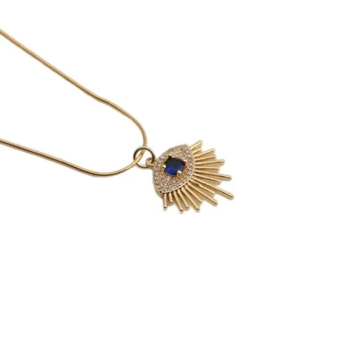 Evil Eye Pendant Necklace Copper Gold Plated With Blue Gemstone And Zircon Retro Sunburst Jewelry For Women